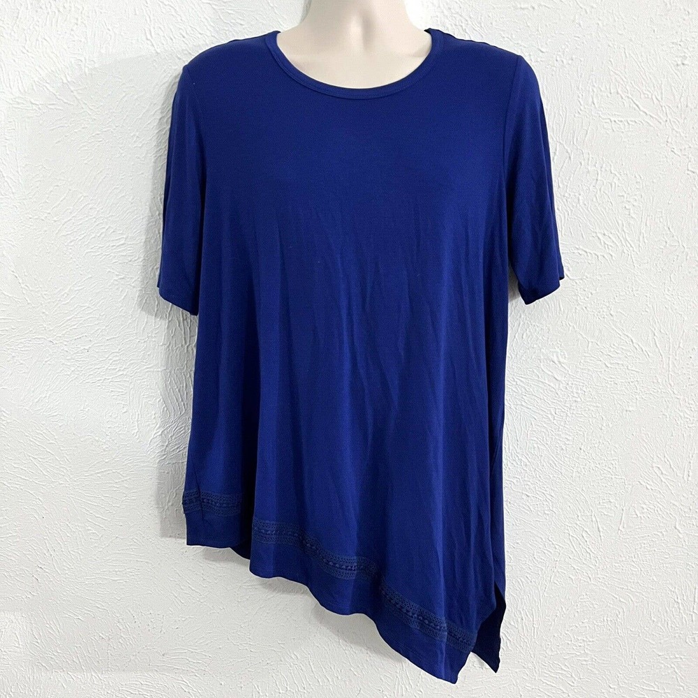 Chicos Mysterious Blue Asymmetrical Crochet Hem Knit Tunic Top Short Sleeve 2 L